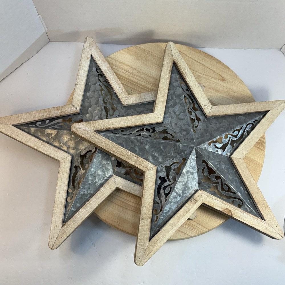 Set of 2 Rustic Star Metal Scroll Wood Wall Plaque Hanging Decor Silver Brown